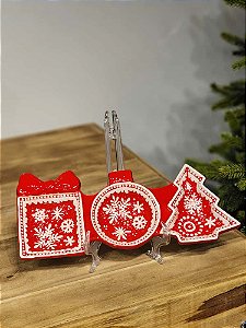 PETISQUEIRA DECORATIVA FLOCO DE NEVE VERMELHO E BRANCO 33CM