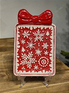 PETISQUEIRA DECORATIVA FLOCO DE NEVE VERMELHO E BRANCO 24CM