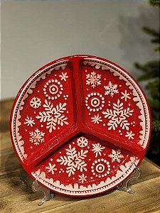 PETISQUEIRA DECORATIVA FLOCO DE NEVE VERMELHO E BRANCO 27CM
