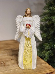 ANJO EM RESINA COM LUZ BRANCO E DOURADO 39CM