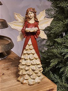 ANJO EM RESINA COM LIVRO VERMELHO E CHAMPANHE 42CM