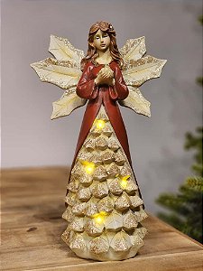 ANJO EM RESINA COM POMBO VERMELHO E CHAMPANHE COM LED 31CM