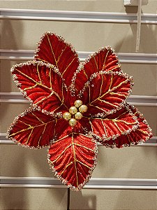 FLOR POINSETIA DECORATIVA VERMELHO E DOURADO 20CM - PRÉ VENDA 2025