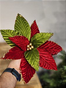 FLOR POINSETIA DECORATIVA VERMELHO E VERDE 20CM