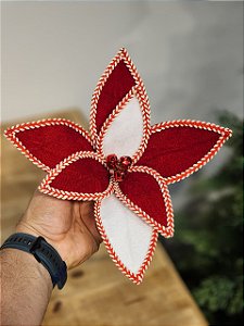 FLOR POINSETIA DECORATIVA VERMELHO E BRANCO 20CM
