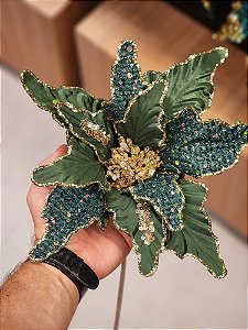 FLOR POINSETIA DECORATIVA VERDE E OURO 35CM
