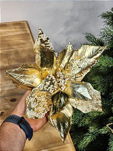 FLOR POINSETIA COM PEDRINHAS OURO 20CM