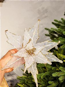 FLOR POINSETIA BRANCA COM GLITER OURO 30CM