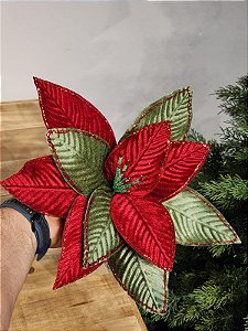 FLOR BICO DE PAPAGAIO VERDE E VERMELHO AVELUDADO COM GLITTER 32CM