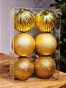 BOLA DECORADA TEXTURIZADAS DOURADA 10CM COM 6 UNIDADES