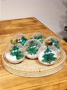 BOLA TRANSPARENTE COM ÁRVORE VERDE 8CM KIT COM 6 UNIDADES