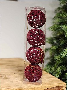 BOLA VELUDO VAZADA VINHO 10CM KIT COM 4 UNIDADES