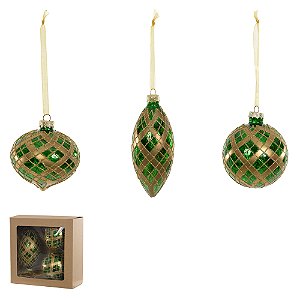 KIT COM 3 PENDENTES ORNAMENTOS DE VIDRO VERDE COM DOURADO 12CM- PRÉ VENDA 2025