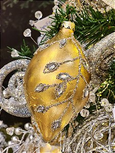 PENDENTE ORNAMENTO DE VIDRO SOPRADO PINO DOURADO 14CM - PRÉ VENDA 2025
