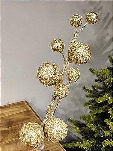 GALHO DECORATIVO COM BOLAS COM GLITTER DOURADO 70CM