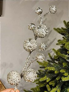 GALHO DECORATIVO COM BOLAS COM GLITTER PRATA 70CM