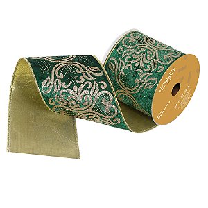 FITA ARAMADA DECORADA VELUDO VERDE DUPLA FACE DOURADO - PRÉ VENDA 2025