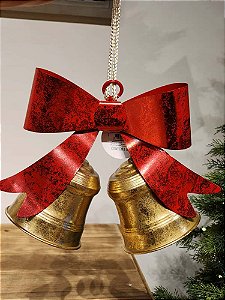 DUPLA DE SINO DECORATIVO EM METAL VERMELHO E OURO 32CM