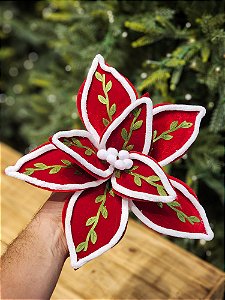 FLOR POINSETIA VERMELHO E VERDE E BRANCO 28CM