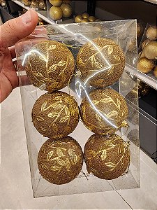 BOLA TRABALHADA COM FOLHAS OURO 8CM COM 6 UNIDADES - PRÉ VENDA 2025