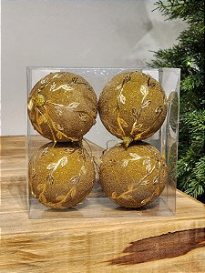 BOLA TRABALHADA COM FOLHAS OURO 10CM COM 4 UNIDADES