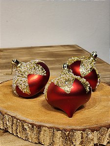 BOLA ORNAMENTO PIÃO VERMELHO COM PEDRAS 8CM COM 3 UNIDADES