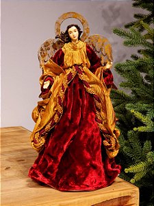 ANJA KAREN COM VESTIDO DE TECIDO VINHO E DOURADO 38CM