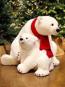 URSO POLAR COM FILHOTE GIGANTE COM CACHECOL VERMELHO 65CM