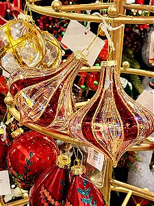CONJUNTO DE PENDENTE ORNAMENTO DE VIDRO BOLA VERMELHA E TRANSPARENTE COM 2 UNIDADES 12CM - PRÉ VENDA 2025