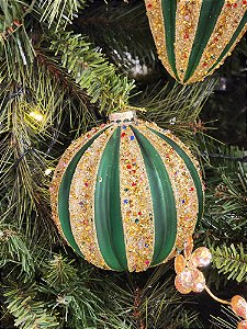 CONJUNTO DE PENDENTE ORNAMENTO DE VIDRO VERDE E DOURADO COM 2 UNIDADES 12CM - PRÉ VENDA 2025
