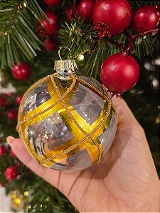 CONJUNTO DE PENDENTE ORNAMENTO DE VIDRO BOLA DOURADA E TRANSPARENTE COM 2 UNIDADES 8CM - PRÉ VENDA 2025