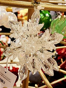 CONJUNTO DE PENDENTE ORNAMENTO DE VIDRO FLOCO DE NEVE TRANSPARENTE COM 2 UNIDADES 12CM - PRÉ VENDA 2025