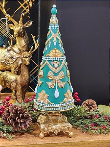 ÁRVORE DECORATIVA LUXURY EM RESINA VERDE COM DOURADO 40,7CM - PRÉ VENDA 2025