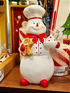 BONECO DE NEVE CONFEITEIRO EM RESINA VERMELHO E BRANCO 23CM - PRÉ VENDA 2025