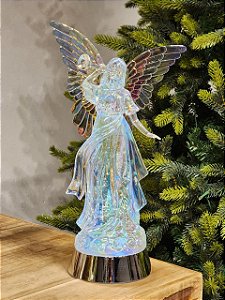 ANJO COM CORNETA ACRÍLICO NACARADO COM LUZ E MOVIMENTO 34,4CM