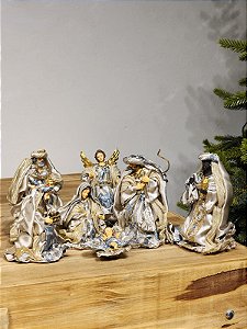 PRESÉPIO RESINA 7 PEÇAS AZUL E CHAMPANHE 15CM