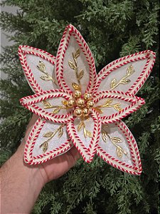FLOR POINSETIA BRANCO OFF, VERMELHO E DOURADO 19CM