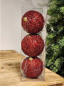 BOLA DECORADA VERMELHA 10CM COM 3 UNIDS