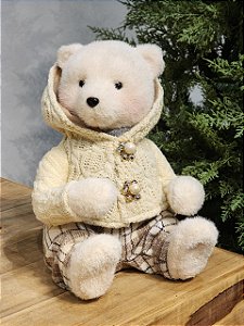 URSO SENTADO BRANCO MENINO COM SUETER CHAMPANHE 26CM