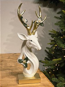 BUSTO DE RENA EM RESINA BRANCO E DOURADO COM PEROLAS 48,5CM