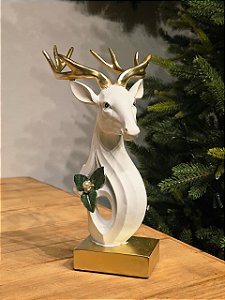 BUSTO DE RENA EM RESINA BRANCO E DOURADO COM PEROLAS 28,5CM
