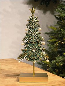 ÁRVORE EM RESINA COM PEROLAS VERDE E DOURADO 37,5CM