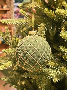 BOLA DE VIDRO VERDE VELUDO COM DOURADO 9,5CM