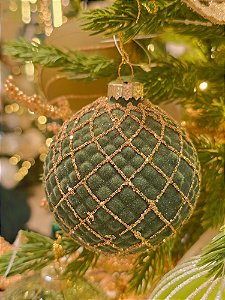 BOLA DE VIDRO VERDE VELUDO COM DOURADO 9,5CM - PRÉ VENDA 2026