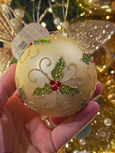 BOLA DE VIDRO DOURADA DECORADA 8CM - PRÉ VENDA 2026