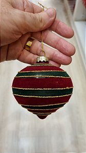 ORNAMENTO DE VIDRO VELUDO VERDE E VERMELHO 9,5CM - PRÉ VENDA 2026