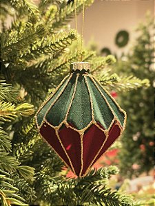 ORNAMENTO DE VIDRO VELUDO VERDE E VERMELHO 12CM