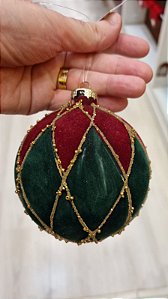 BOLA DE VIDRO VELUDO VERDE E VERMELHO 10CM - PRÉ VENDA 2026