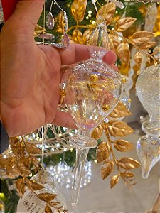 ORNAMENTO GOTA DE VIDRO TRANSPARENTE COM GOTA DOURADA 23CM - PRÉ VENDA 2026