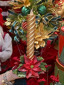 CASTIÇAL POINSETIA COM VELA DOURADA COM LED 27,5CM - PRÉ VENDA 2026